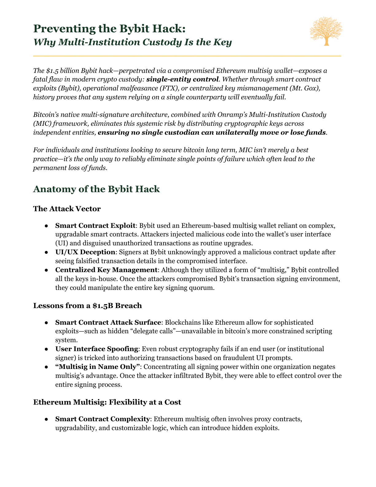 Page 1 of Preventing the Bybit Hack: the introduction and the start of Anatomy of the Bybit Hack, covering the attack vector and lessons from the $1.5 billion breach.