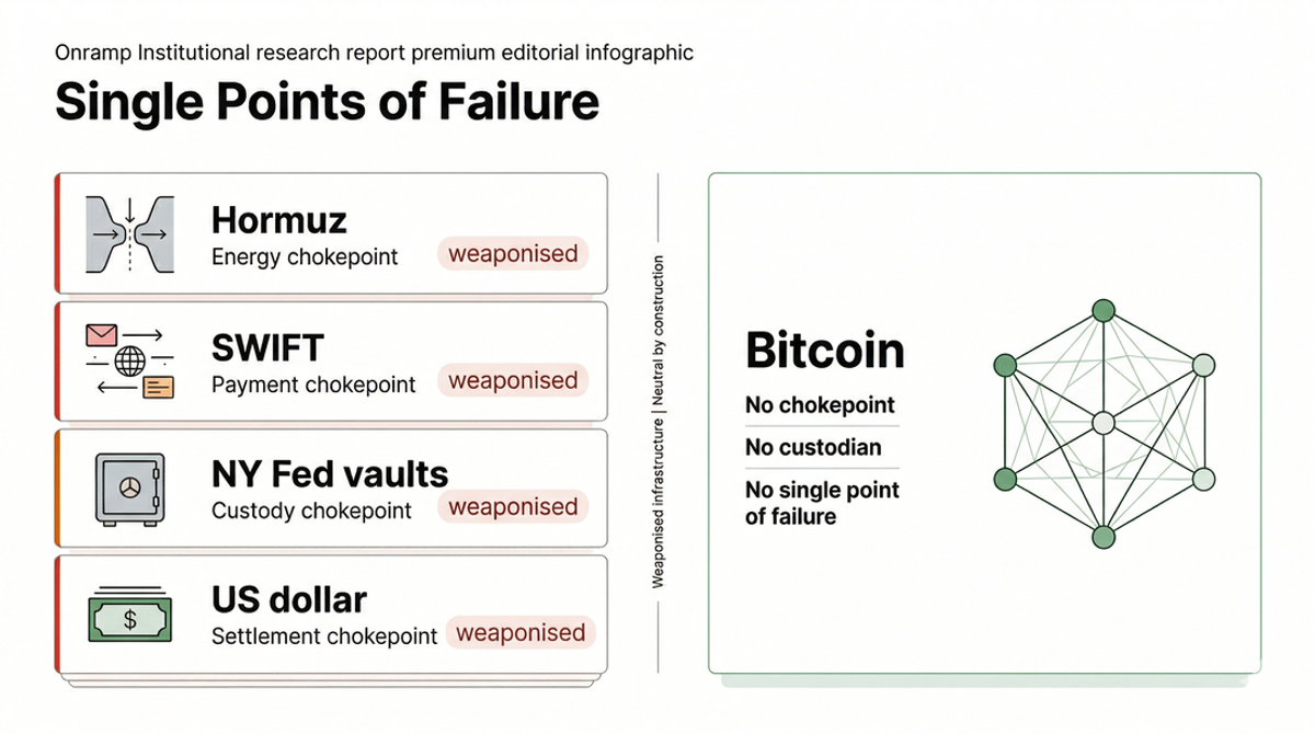 Infographic titled Single Points of Failure contrasting four weaponised systems - Hormuz (energy chokepoint), SWIFT (payment chokepoint), NY Fed vaults (custody chokepoint), and the US dollar (settlement chokepoint) - against Bitcoin, shown as a distributed network with no chokepoint, no custodian, and no single point of failure.