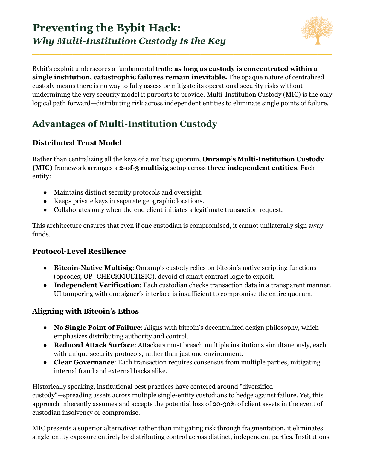 Page 3: the advantages of multi-institution custody, including protocol-level resilience and why diversified custody across single custodians falls short.