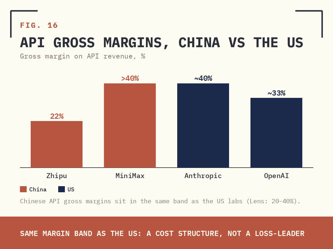 FIG. 16 — API GROSS MARGINS, CHINA VS THE US.
