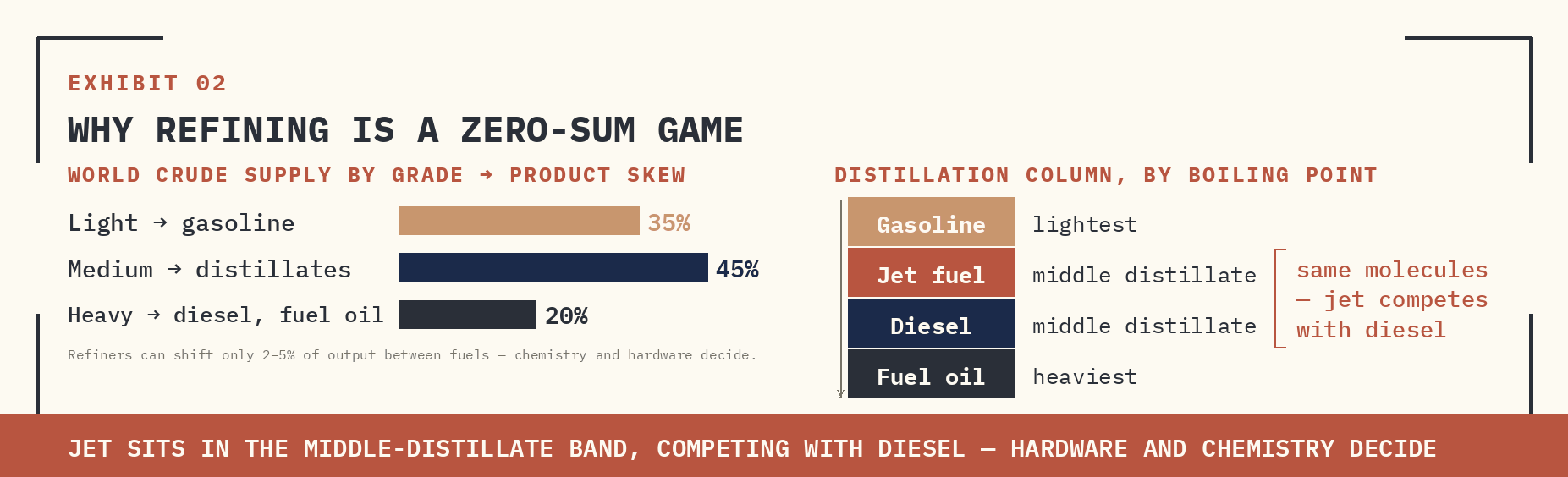 EVERY BARREL SPLITS BY BOILING POINT. LIGHT CRUDES (35% OF WORLD SUPPLY) SKEW TOWARD GASOLINE; MEDIUM (45%) TOWARD DISTILLATES; HEAVY (20%) TOWARD DIESEL AND FUEL OIL. JET FUEL SITS IN THE MIDDLE DISTILLATE BAND — COMPETING FOR THE SAME MOLECULES AS DIESEL. REFINERS CANNOT DECIDE OVERNIGHT TO CONVERT A BARREL INTO JET; CHEMISTRY AND HARDWARE DECIDE.