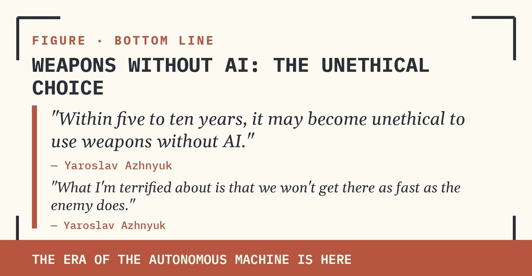 FIGURE | WITHIN A DECADE, USING TRADITIONAL WEAPONS WITHOUT PRECISION AI MAY BE CONSIDERED THE UNETHICAL CHOICE. THE ERA OF THE AUTONOMOUS MACHINE IS HERE.