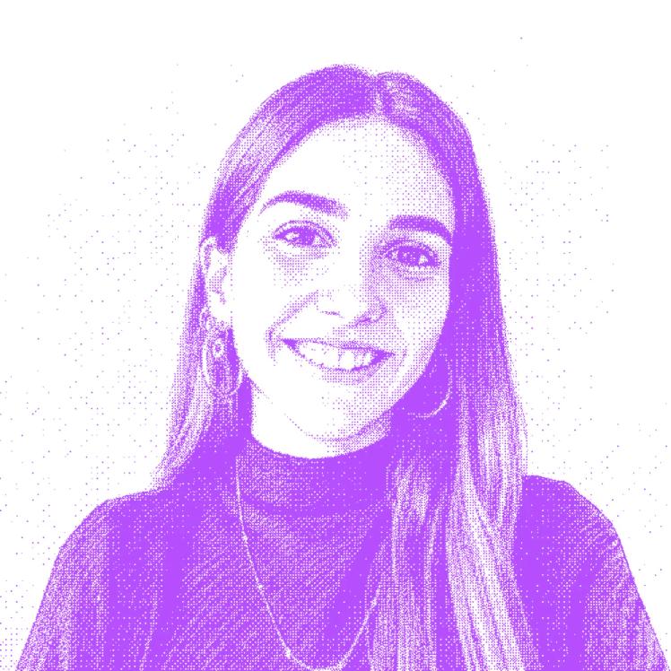 Purple stylized portrait of Julia Victoria Savino, Operations and Finance Lead at Mimic, featured in an OCF Institute testimonial
