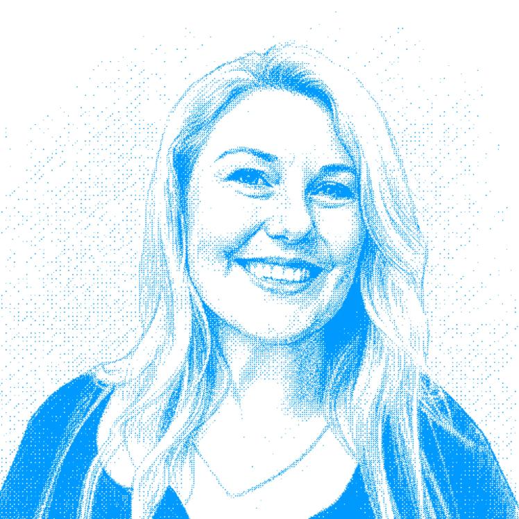 Blue stylized portrait of Electra Frost, Managing Partner at ElectraFi, featured in an OCF Institute testimonial