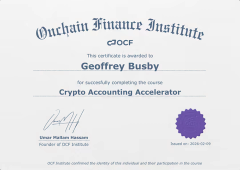Onchain Finance Institute certificate awarded to Geoffrey Busby for completing the Crypto Accounting Accelerator