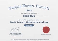 OCF Institute certificate awarded to Saira Bux for completing the Crypto Treasury Management Academy