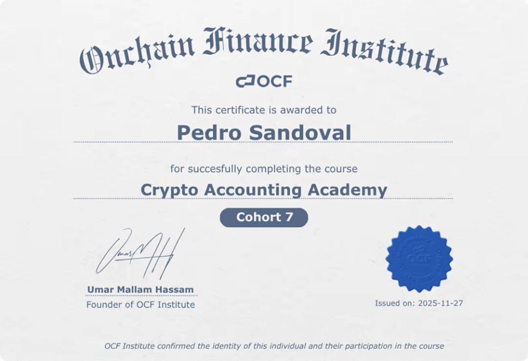 Onchain Finance Institute certificate awarded to Pedro Sandoval for completing Crypto Accounting Academy Cohort 7