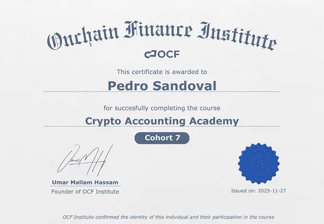 OCF Institute certificate awarded to Pedro Sandoval for completing Crypto Accounting Academy Cohort 7
