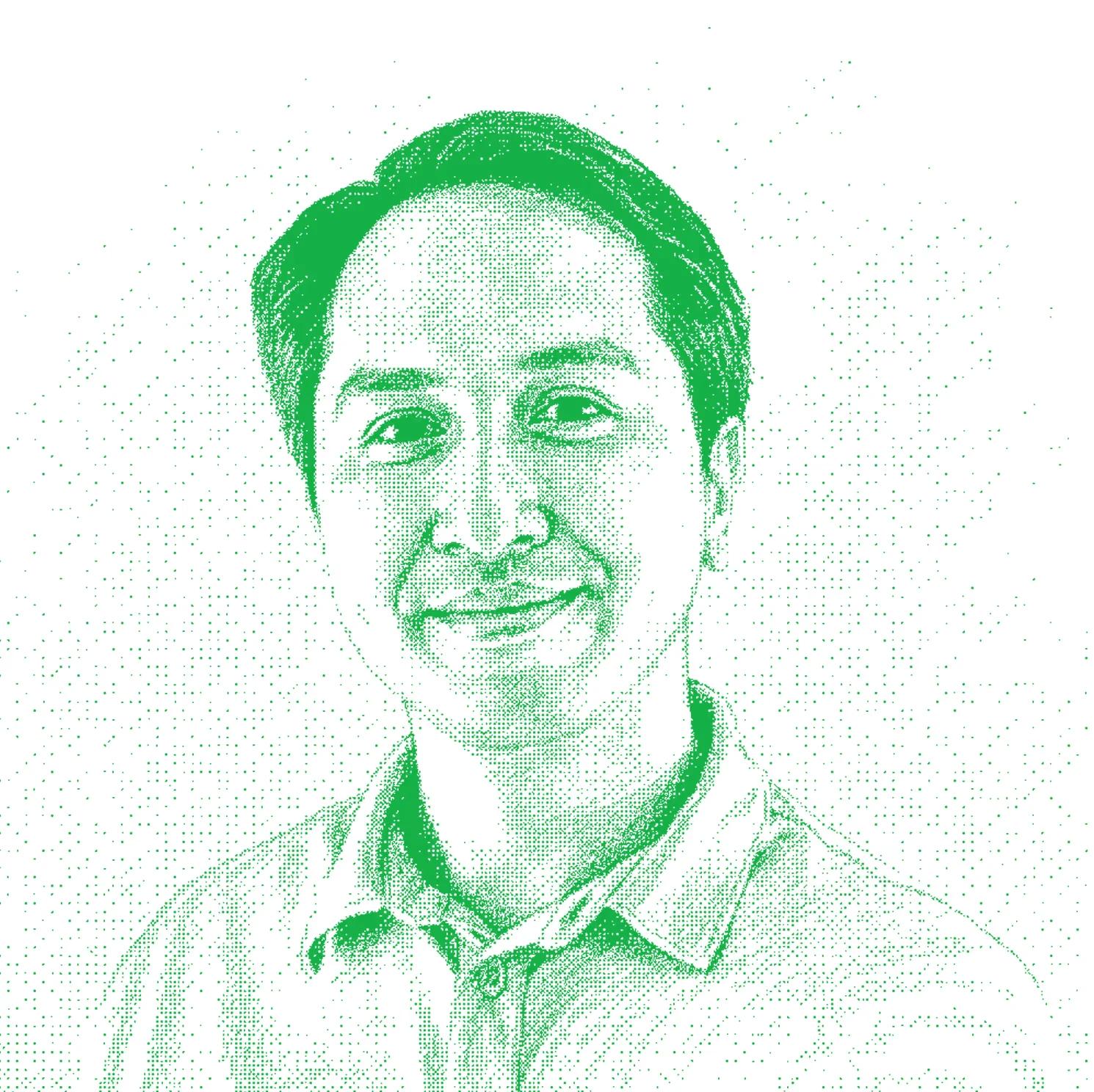 Green stylized portrait of Allen Au, Controller at Mysten Labs, featured in an OCF Institute testimonial