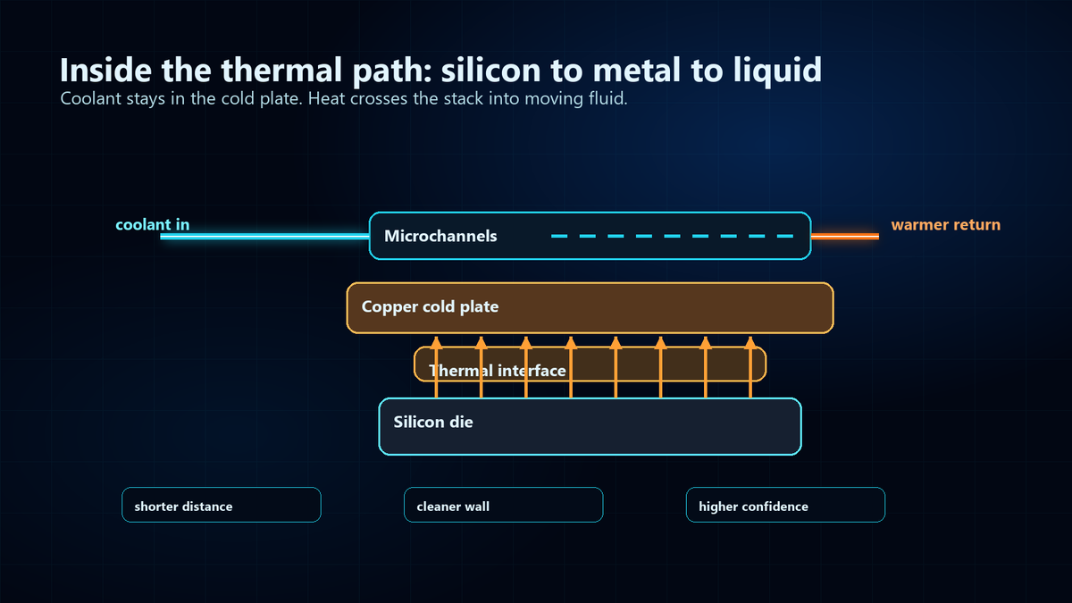 Layered heat path from silicon die through thermal interface material into a copper cold plate and flowing coolant.