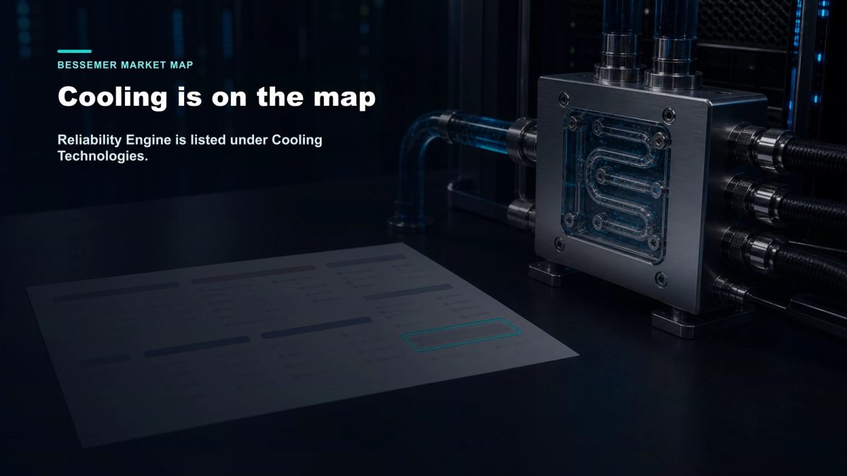 Premium editorial visual showing market-map recognition beside liquid cooling infrastructure.