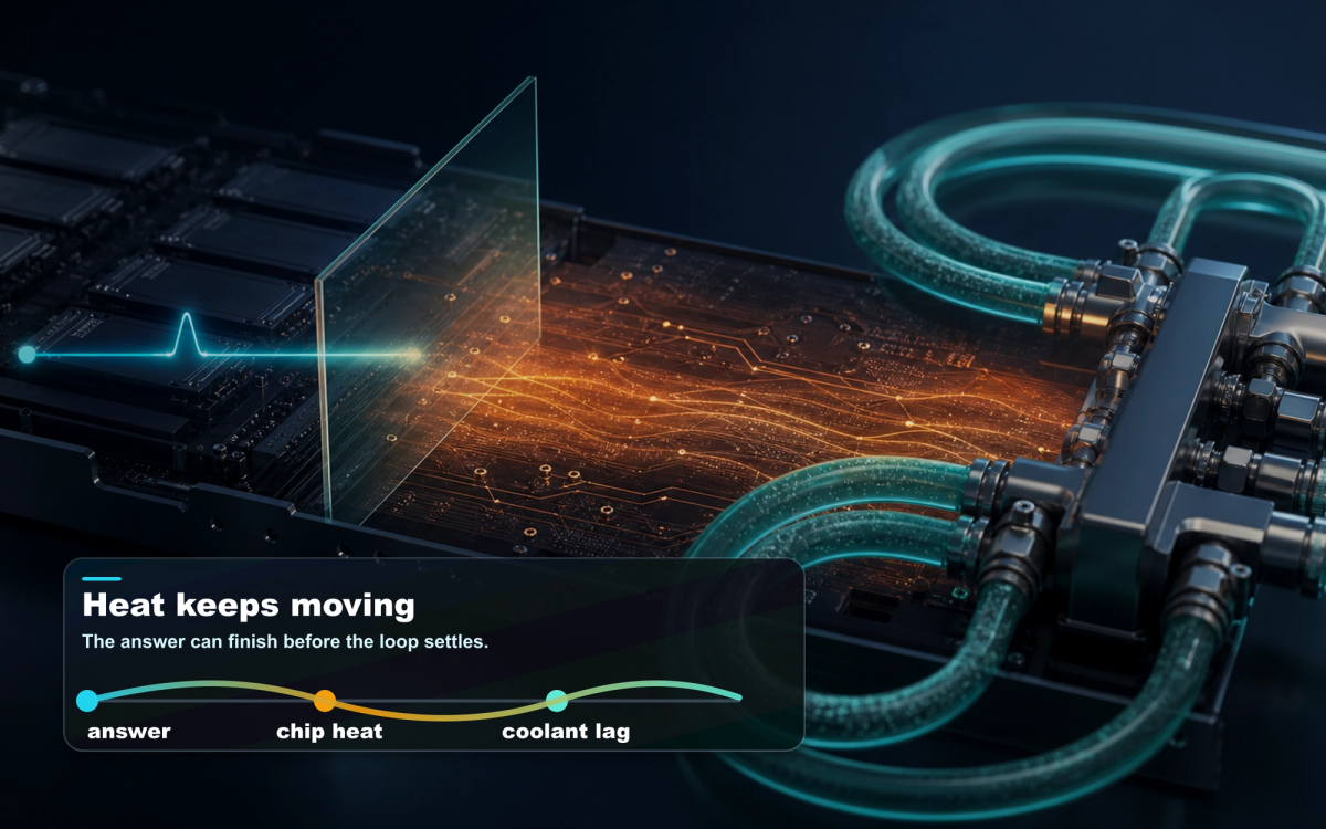 Editorial visual showing an agent loop becoming silicon time and then cooling loop load.