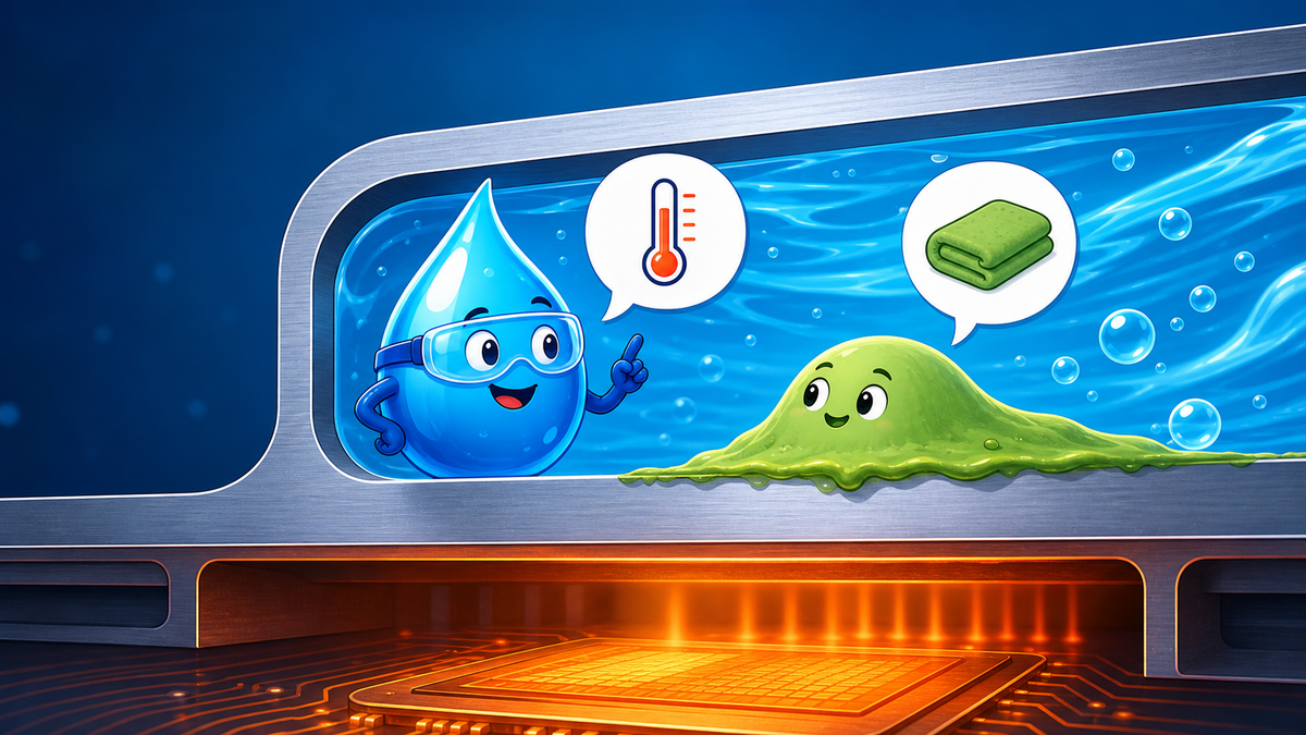 Cartoon coolant droplet and green deposit inside a cold plate channel, with heat rising from a chip below.