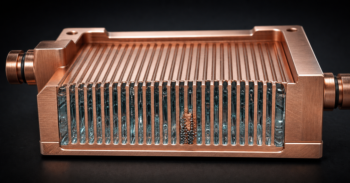 A copper cold plate cutaway with clear coolant flowing through parallel microchannels and a localized inhibitor response at one active surface site.