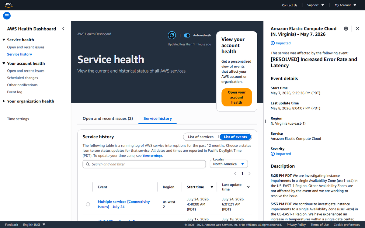 AWS Health Dashboard record for the May 7, 2026 EC2 thermal event in US-EAST-1.