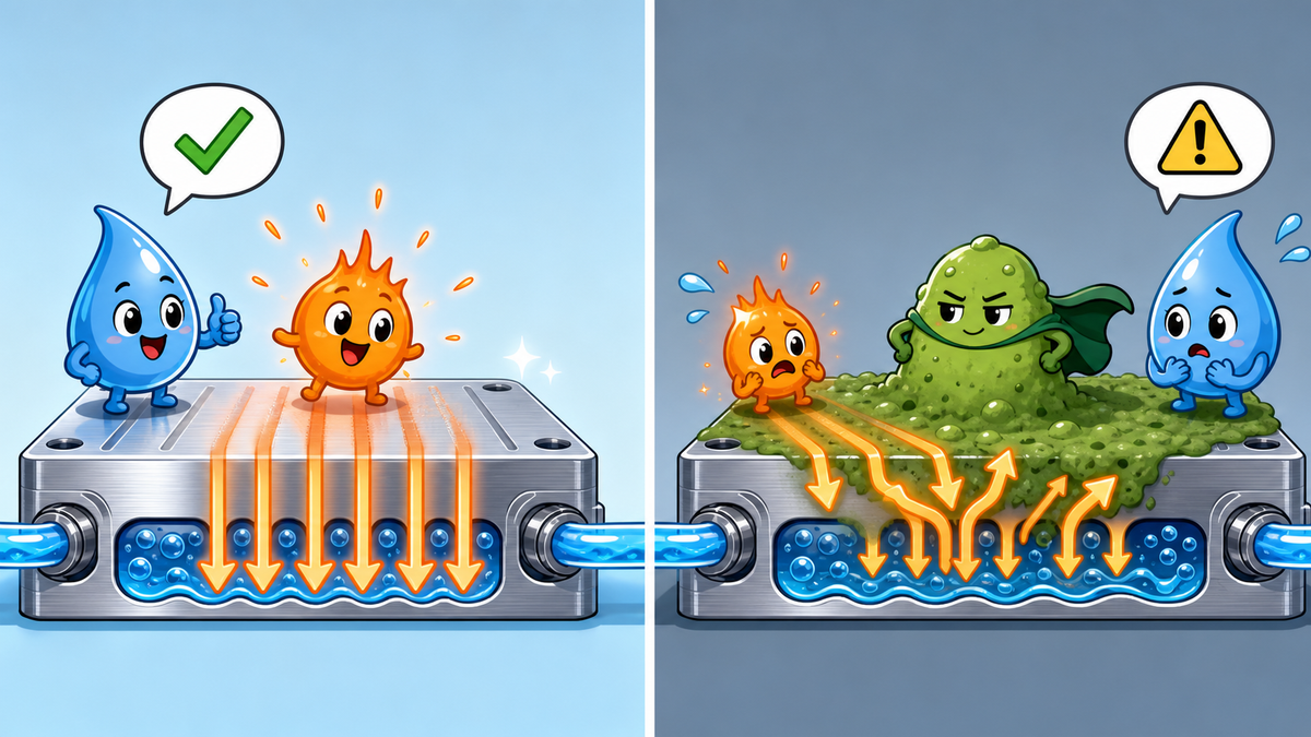 Two-panel cartoon showing clean heat transfer versus fouled heat transfer in a cold plate.