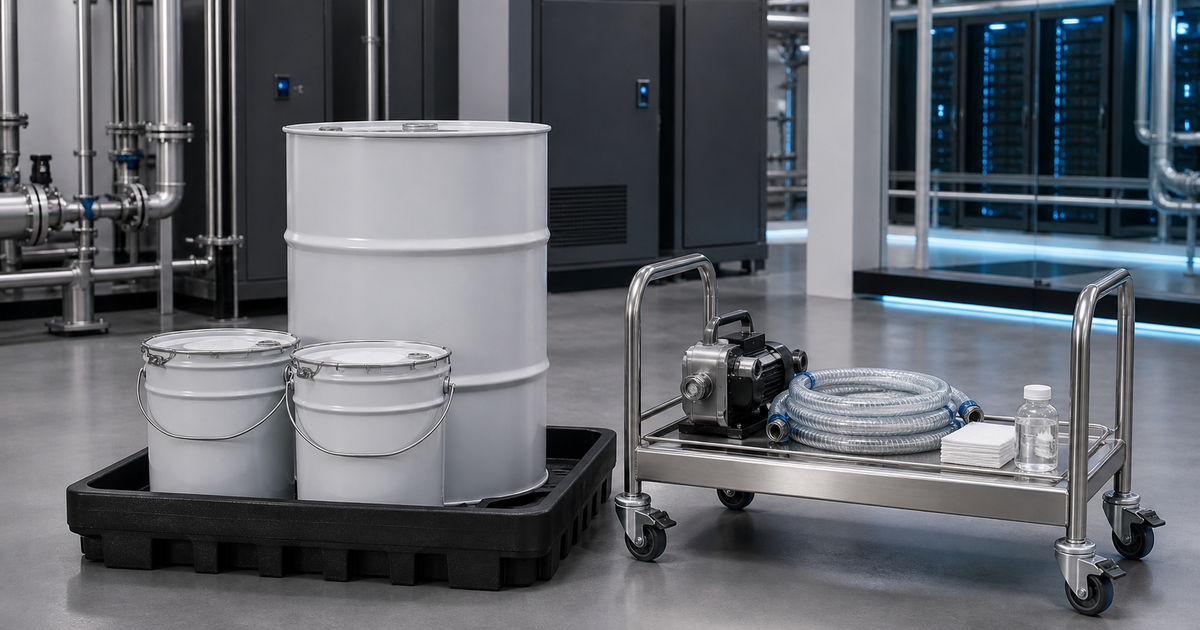 Sealed coolant drums and pails on secondary containment beside a dedicated transfer cart with a pump, capped hose, absorbent pads, and a sealed sample bottle.