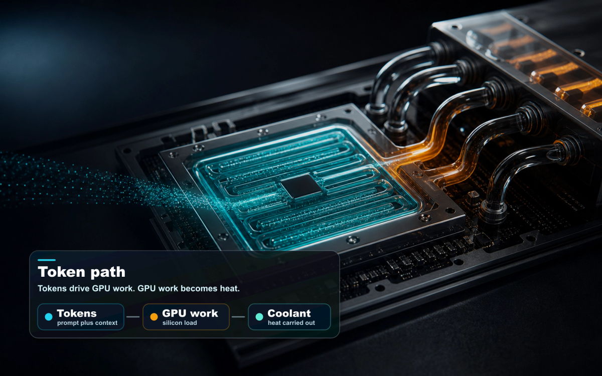 Editorial visual showing tokens, model work, and a liquid cooling loop as one operating chain.