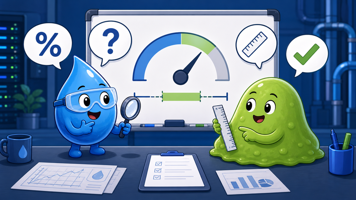 Cartoon coolant droplet and green deposit character reviewing a gauge and measurement icons.