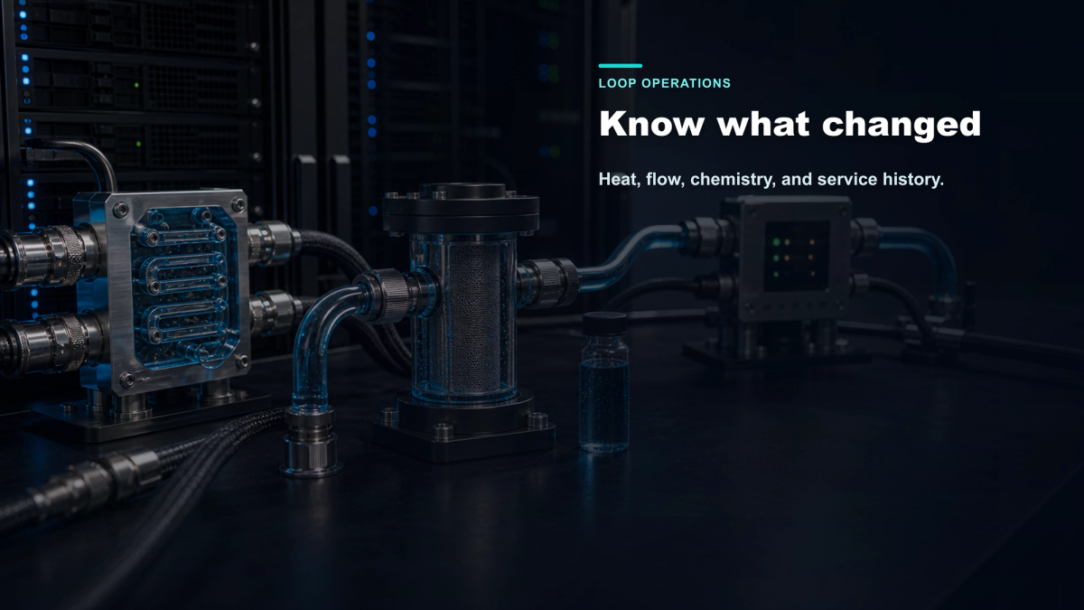 Premium lab visual showing a liquid cooling loop, filtration, sample vial, and sensor evidence.