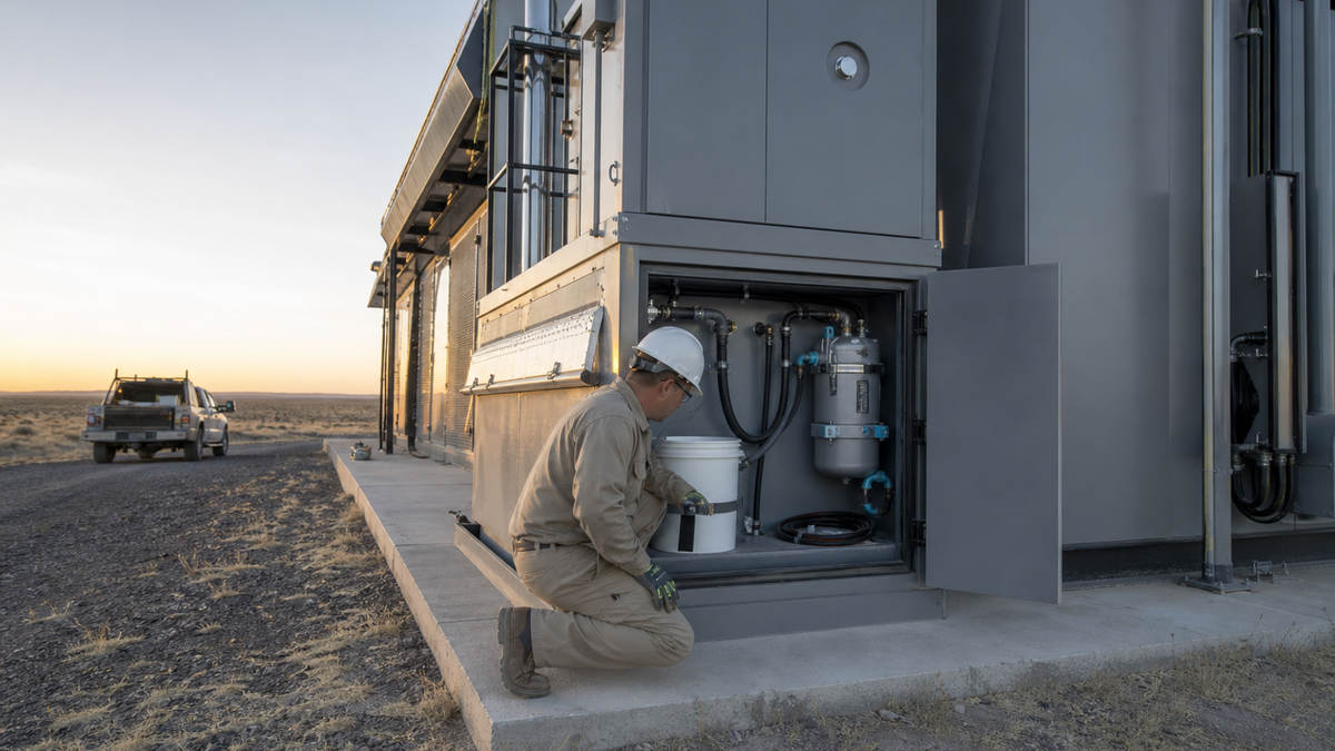 A technician checking a compact coolant reserve compartment at a remote modular data center with a service truck in the distance.