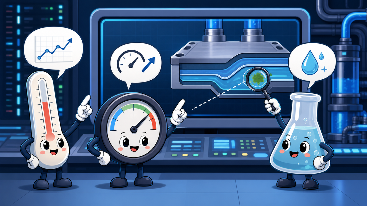 Cartoon thermometer, pressure gauge, and chemistry flask characters finding hidden fouling on a cold plate screen.