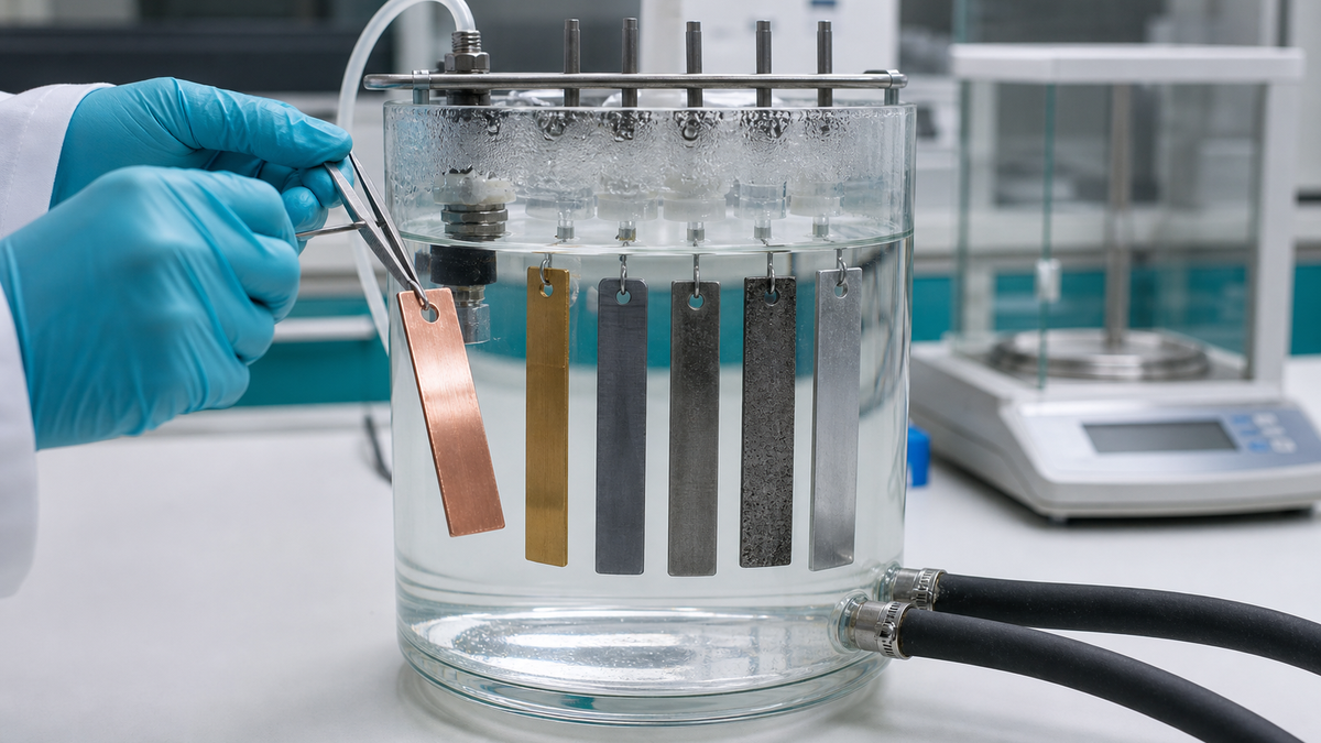 A laboratory corrosion test with separate copper, brass, steel, cast iron, and aluminum coupons suspended in clear coolant.