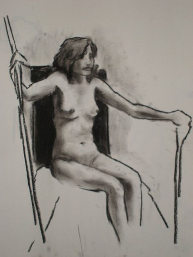 charcoal portrait of a nude woman sitting while holding staffs 