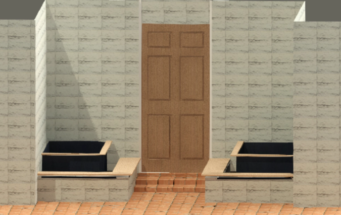 Render of the concept, walking path and planters