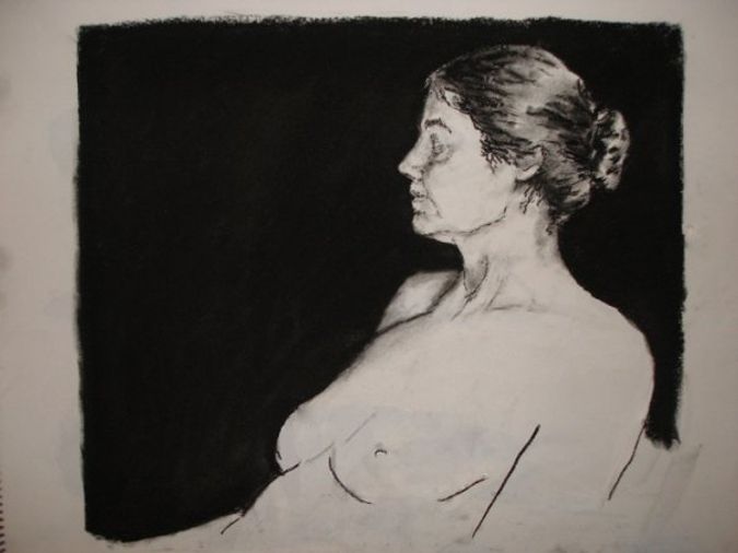 charcoal portrait of an older woman's profile 