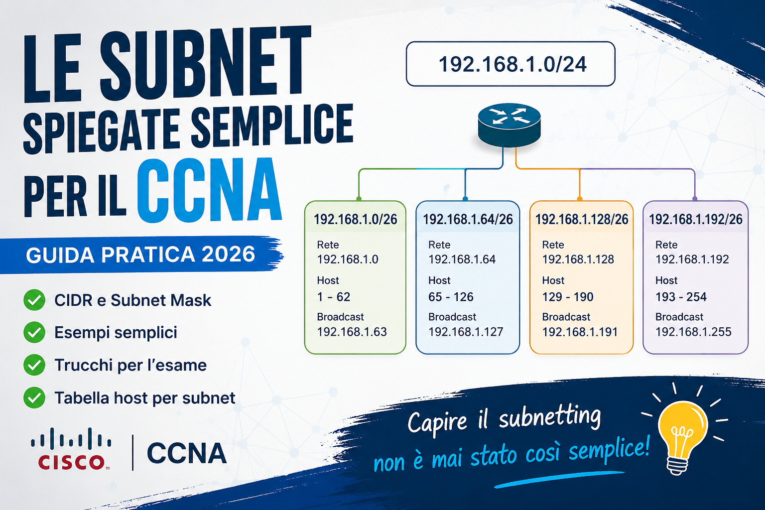 Subnetting CCNA spiegato semplice: guida pratica 2026 | CertifyQuiz