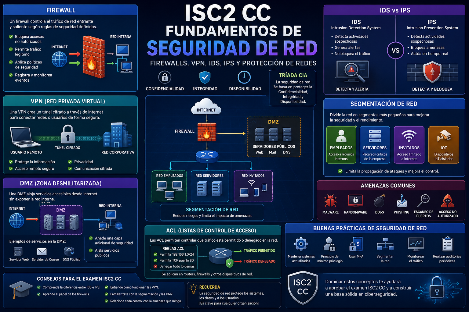 ISC2 CC Fundamentos de Seguridad de Red: Firewalls, VPN, IDS, IPS y Segmentación (2026)