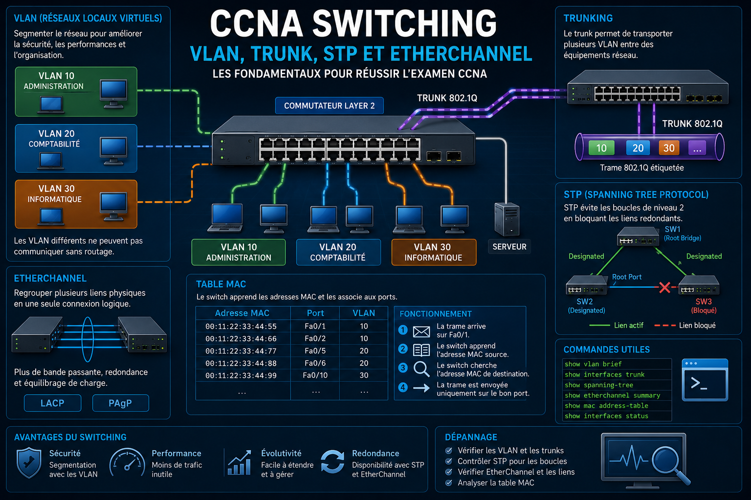 Guide CCNA Switching : VLAN, Trunk, STP et EtherChannel (2026)