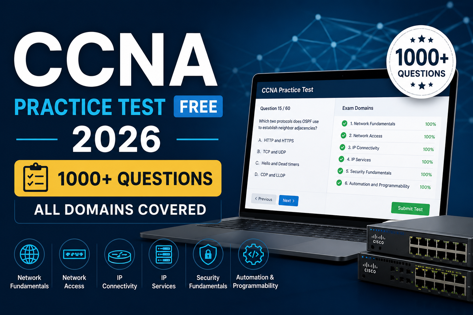 CCNA Practice Test Free 2026 — 700+ Questions (All Domains Covered)