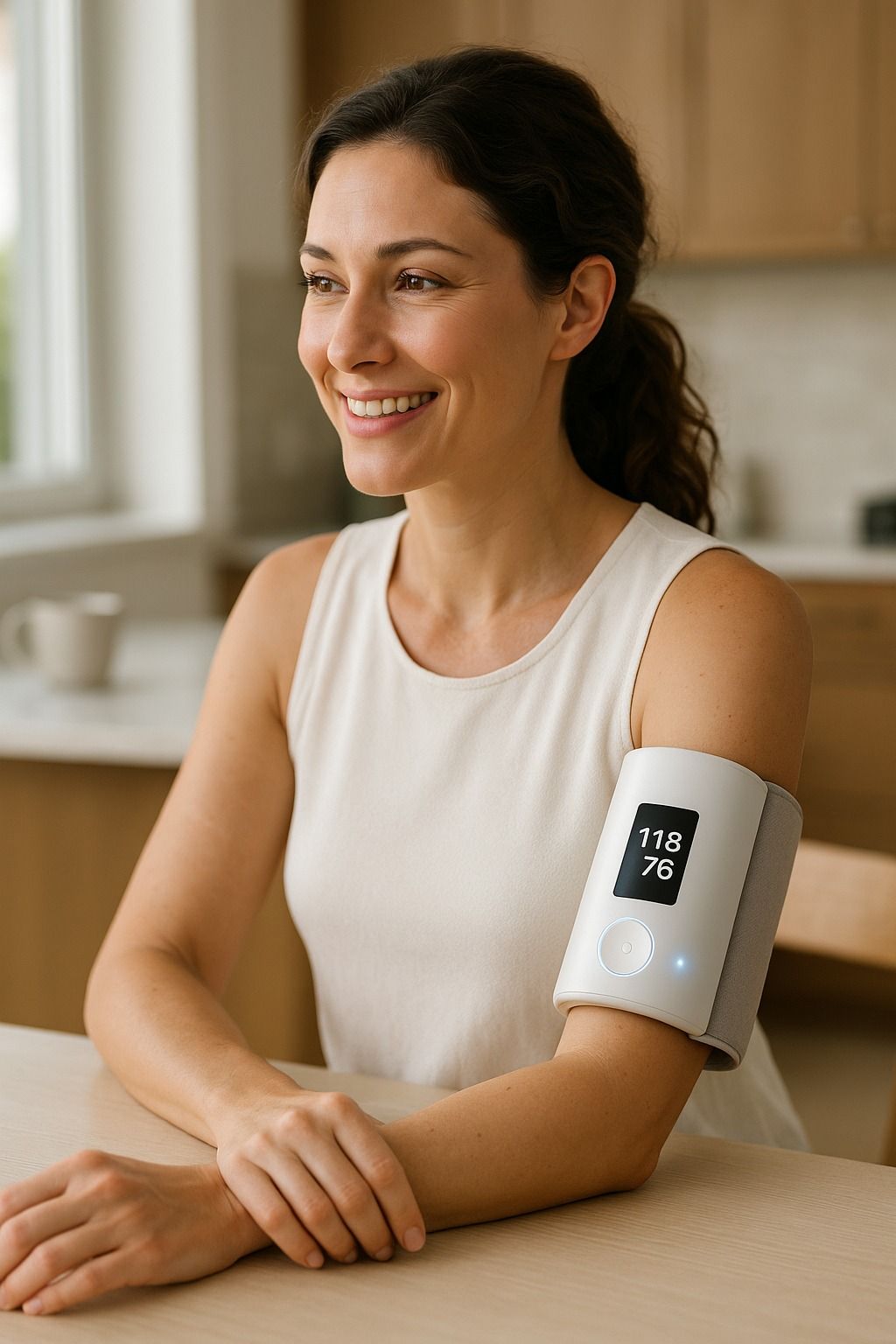 Woman wearing the MEND Pulse blood pressure monitor on her upper arm