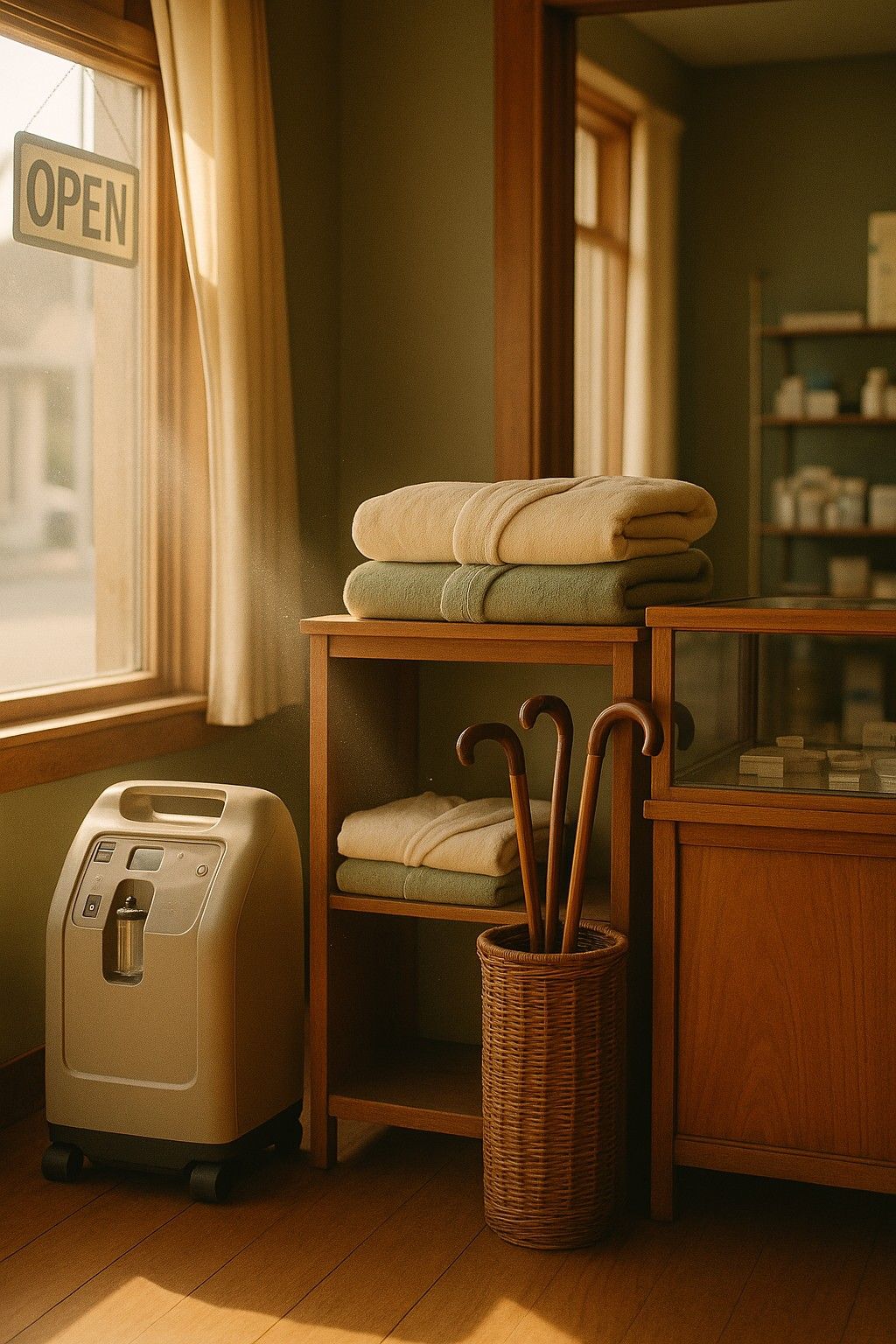 A warm, sunlit home-medical-equipment supply store on the Oregon coast, with an oxygen concentrator, folded robes, and canes