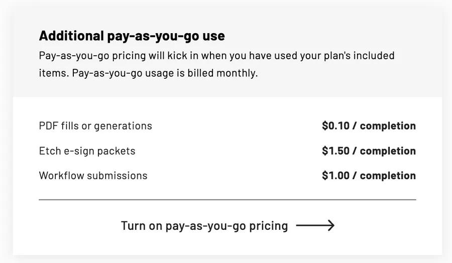 completion rates are listed with the turn on pay as you go pricing button below 