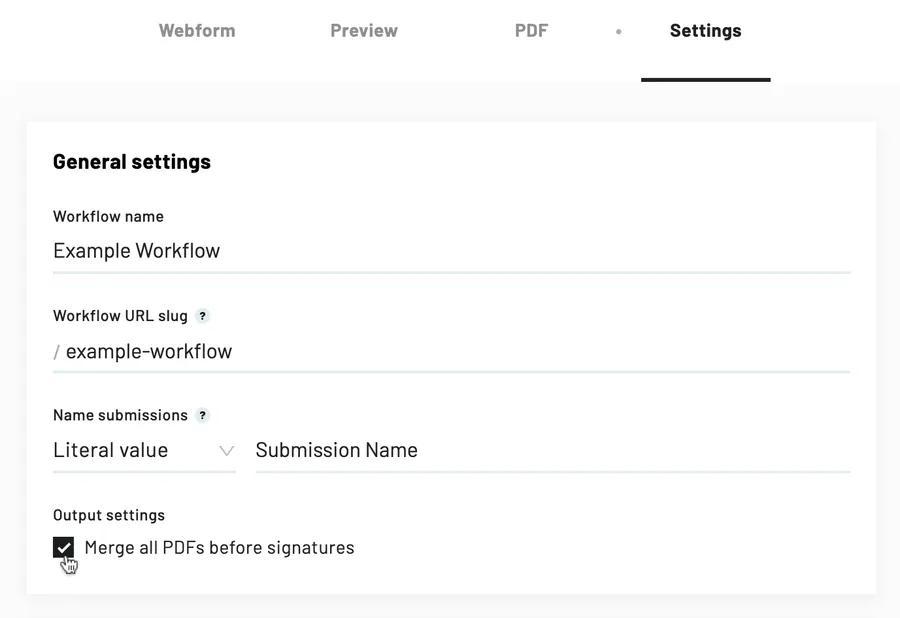 The merge all PDFs before signature ceheckbox is the last option in the Workflow general settings