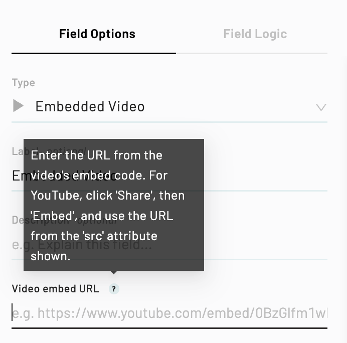 The video embed URL hover text explains where to find the src attribute