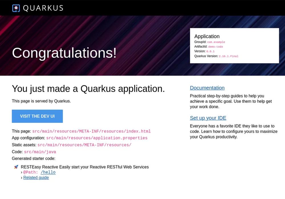 Quarkus start page