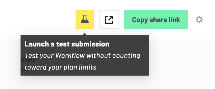 The test submission button is a yellow test beaker icon found to the left of the of the launch submission button. Hover text explains the purpose of a test submission.