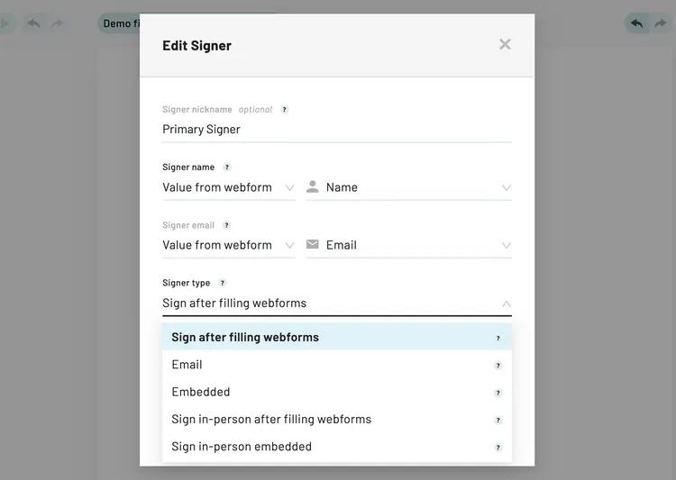 Signer type in create or edit modal