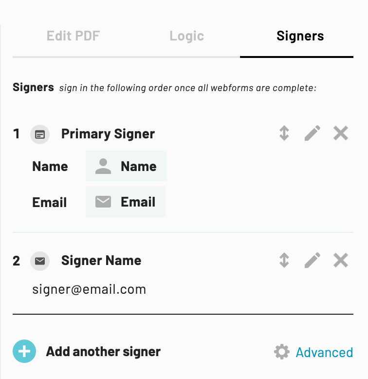 The Signer editor will include Signers at the top