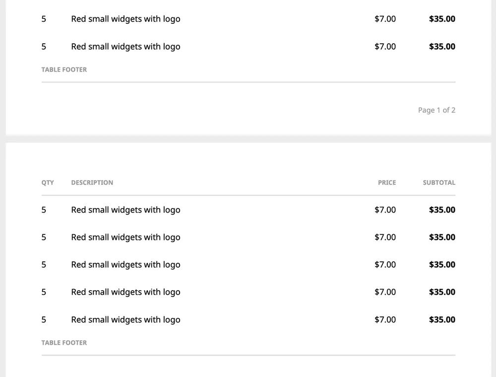 HTML table in PDF with paginated footer