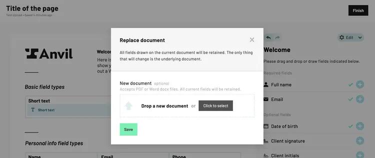 Replace PDF document action modal