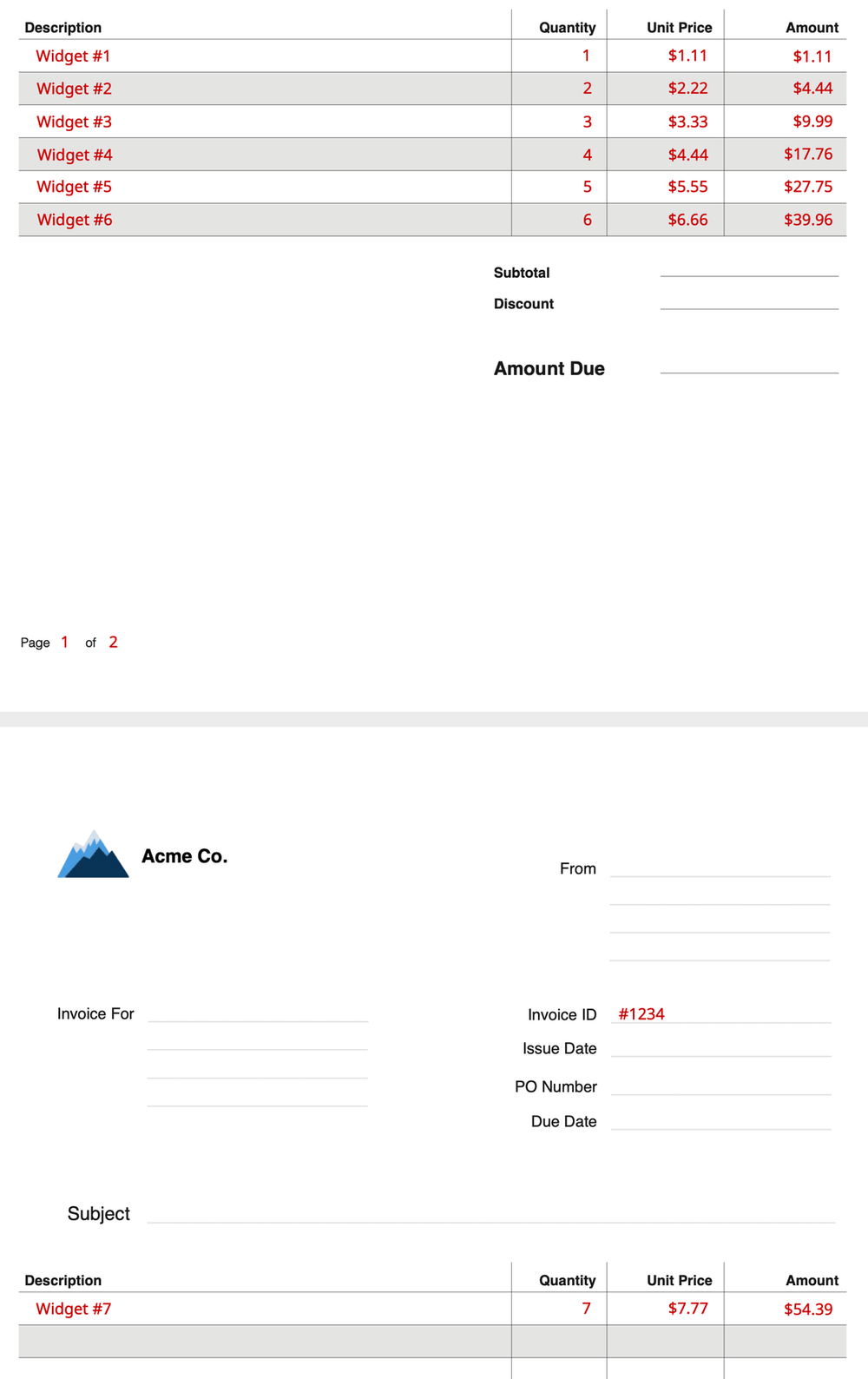 pdf invoice page repeating