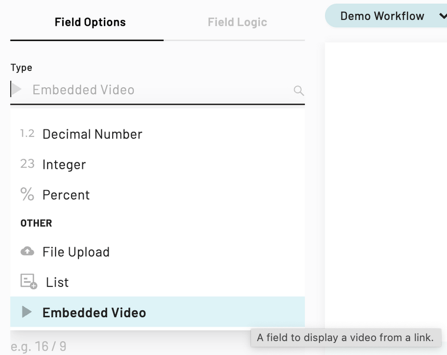 The embedded video option is nested under the other category