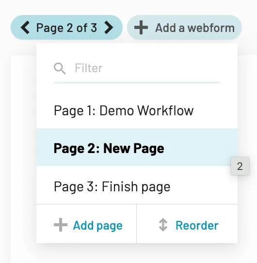 Clicking on the page selector will reveal all the pages in a dropdown menu