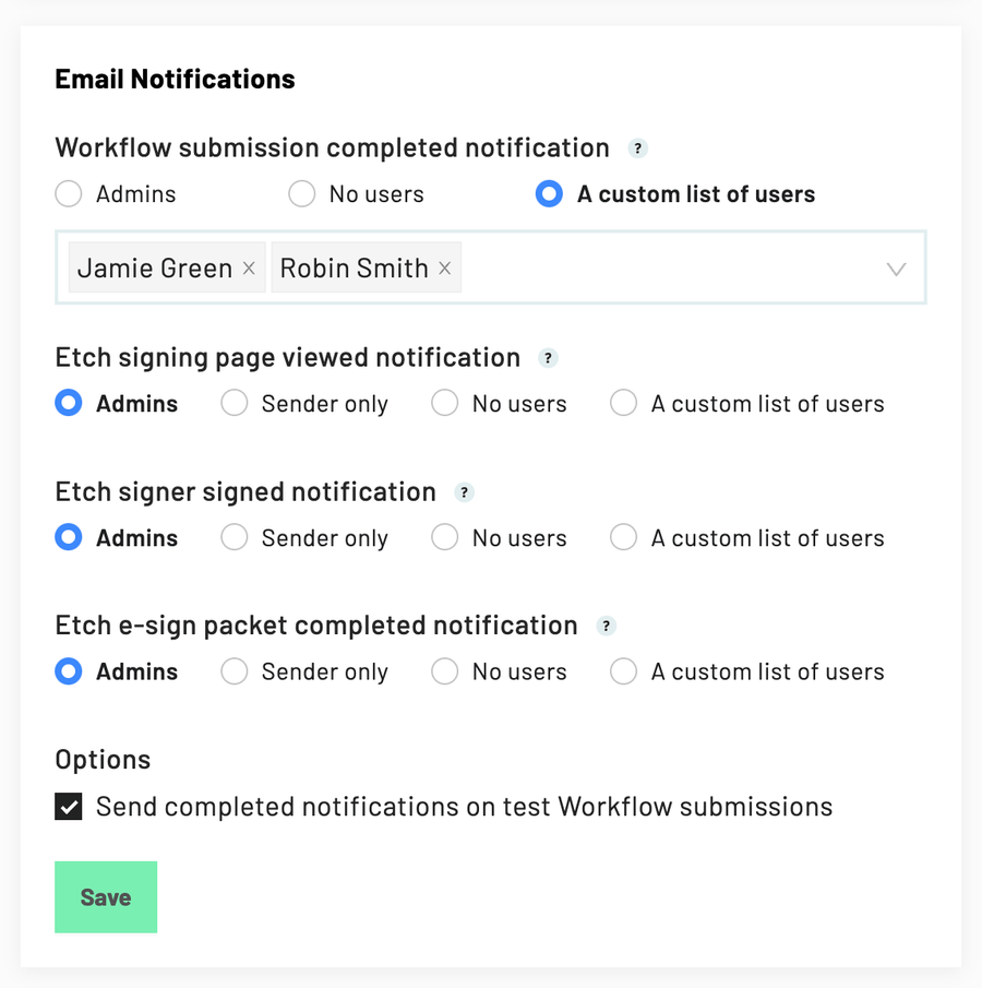 Workflow submission completed notification is the first setting in the Email Notifications section