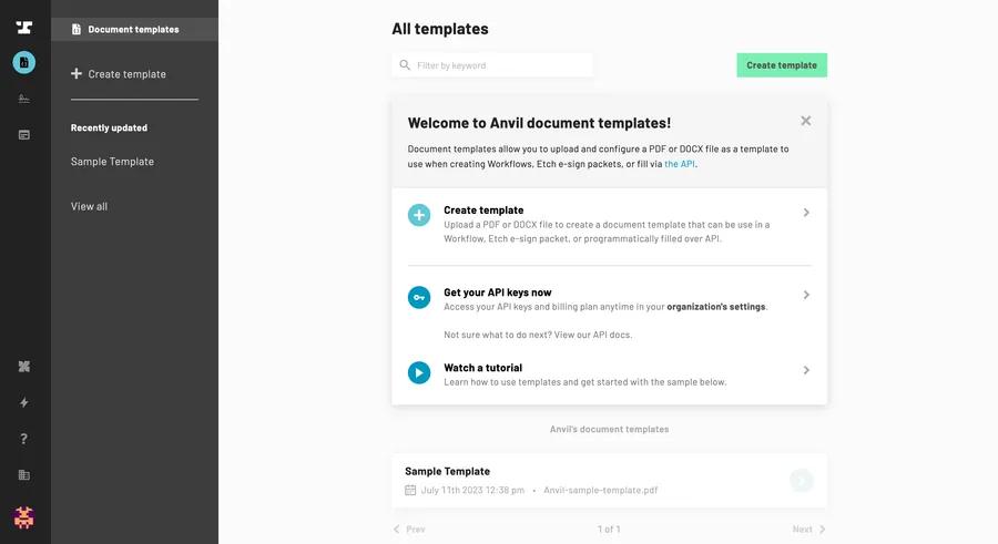 The document templates dashboard gives you overview of all your templates